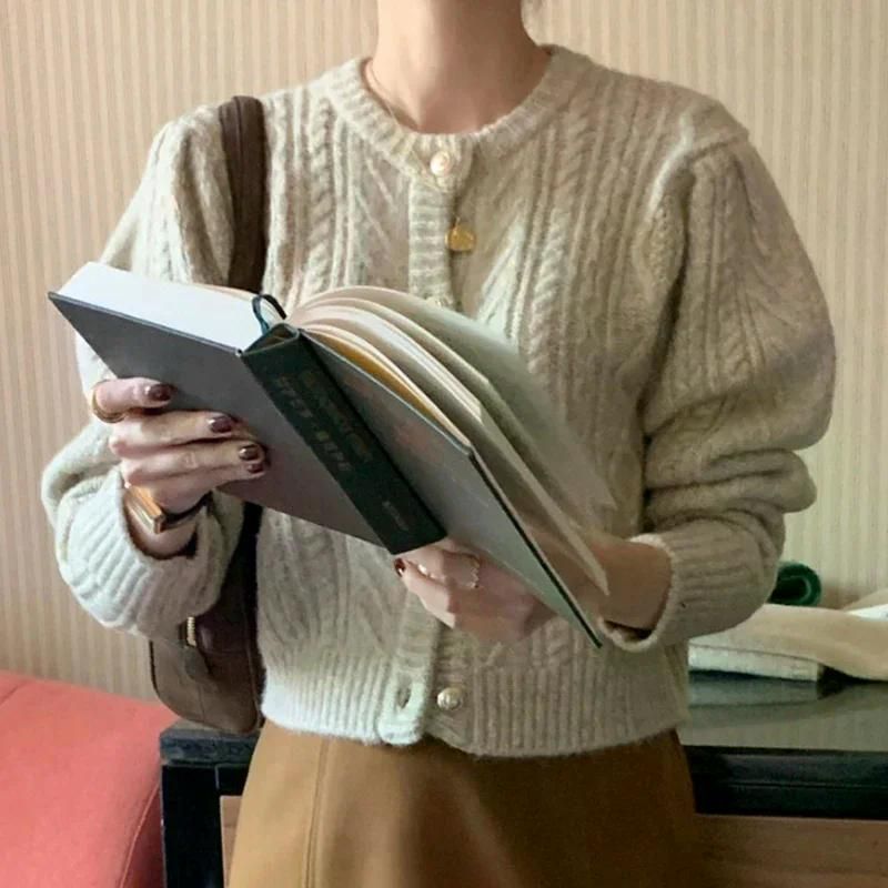 가을 올 가디건 라운드 넥 여성 울 패턴 싱글 브레스트 느슨한 캐주얼 긴 소매 니트 스웨터 라이트 카드 - 상세 이미지 3