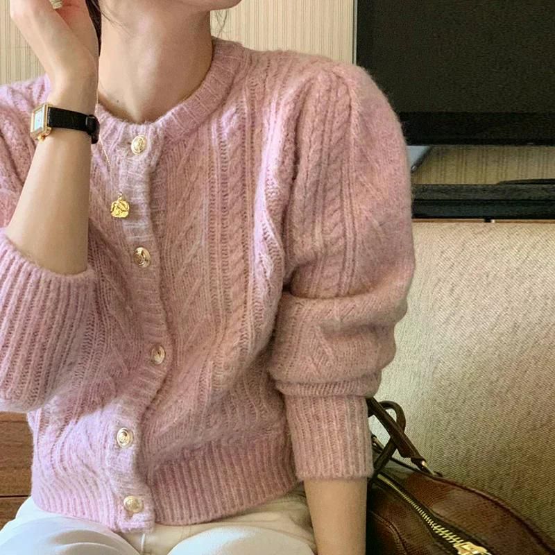 가을 올 가디건 라운드 넥 여성 울 패턴 싱글 브레스트 느슨한 캐주얼 긴 소매 니트 스웨터 라이트 카드 - 상세 이미지 5