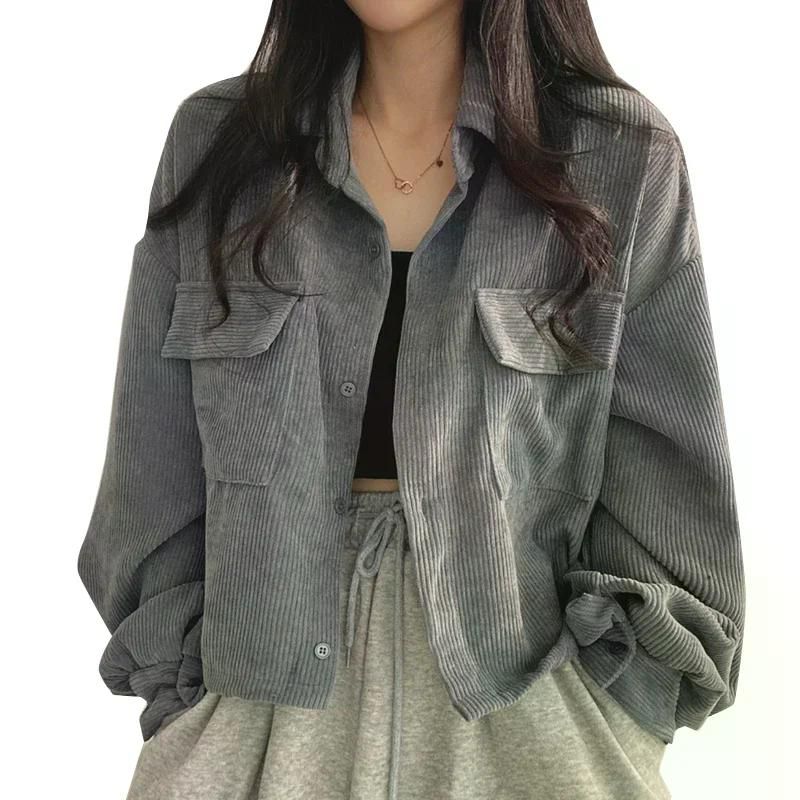 가을 겨울 셔츠 자켓 여성 루즈 피트 틈새 디자인 감각 싱글 브레스트 크롭 탑 편한 여자 카레 XL - 상세 이미지 5