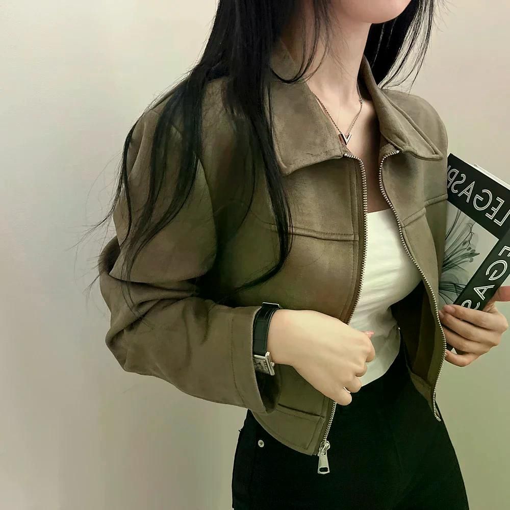 자켓 여성 트위드 가을 싱글 심플하고 다양한 가죽 벨벳 겉옷 짧은 감각 재킷 오버핏 블랙 - 상세 이미지 4