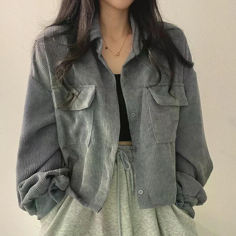 가을 겨울 셔츠 자켓 여성 루즈 피트 틈새 디자인 감각 싱글 브레스트 크롭 탑 편한 여자 카레 XL - 메인 이미지