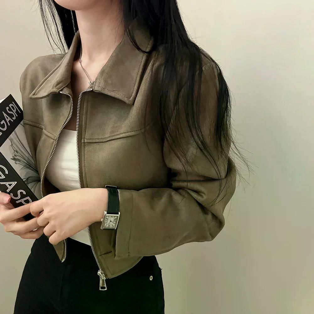 자켓 여성 트위드 가을 싱글 심플하고 다양한 가죽 벨벳 겉옷 짧은 감각 재킷 오버핏 블랙 - 상세 이미지 2