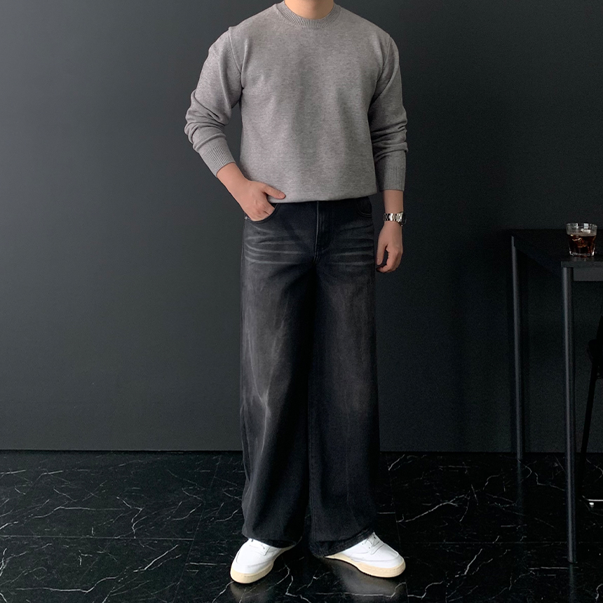 남자 세미 와이드 데님 팬츠 블랙진 워싱 흑청 진청 청바지 - 상세 이미지 2