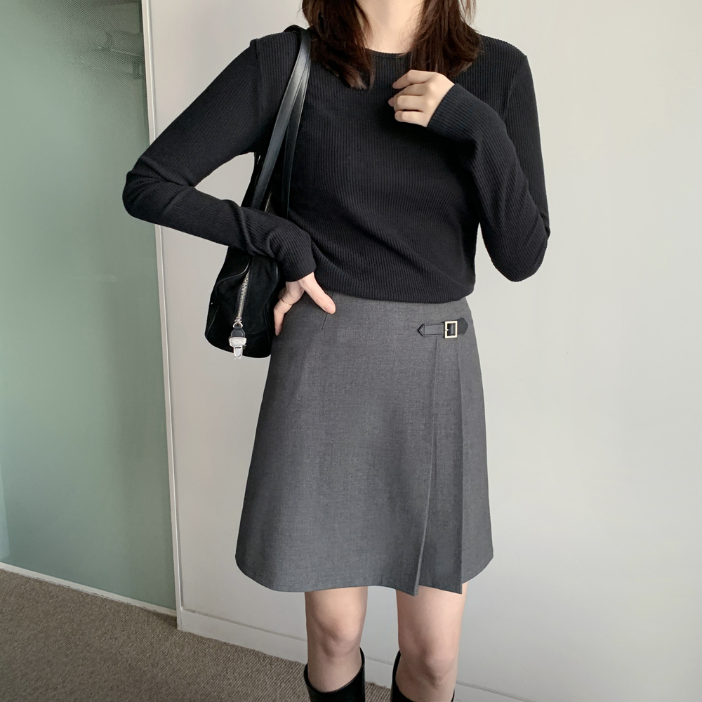 벨트 비조 하이웨스트 여자 핀턱 미니 스커트 여성 겨울치마 A라인 치마 블랙 그레이 - 상세 이미지 4