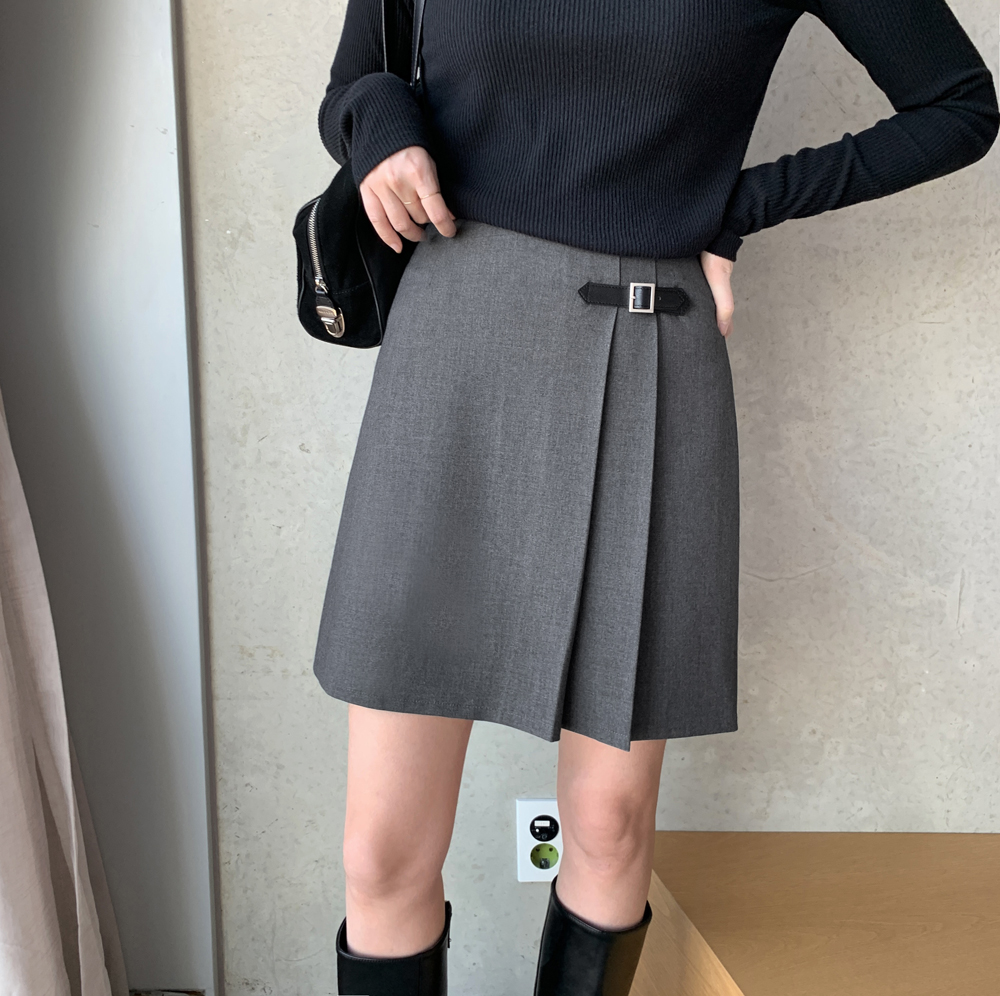 벨트 비조 하이웨스트 여자 핀턱 미니 스커트 여성 겨울치마 A라인 치마 블랙 그레이 이미지 8