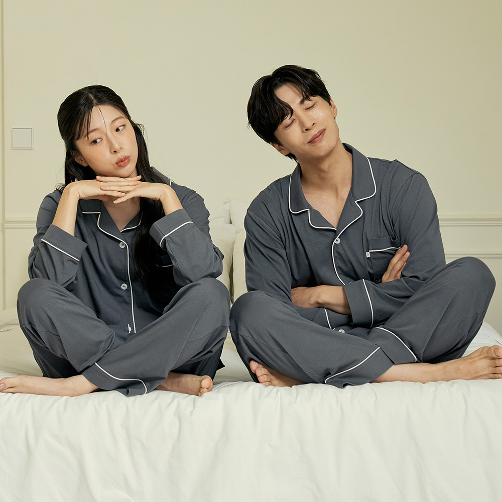 소프트 L차콜 긴팔 순면 빅사이즈 커플 잠옷 파자마 세트 - 상세 이미지 4