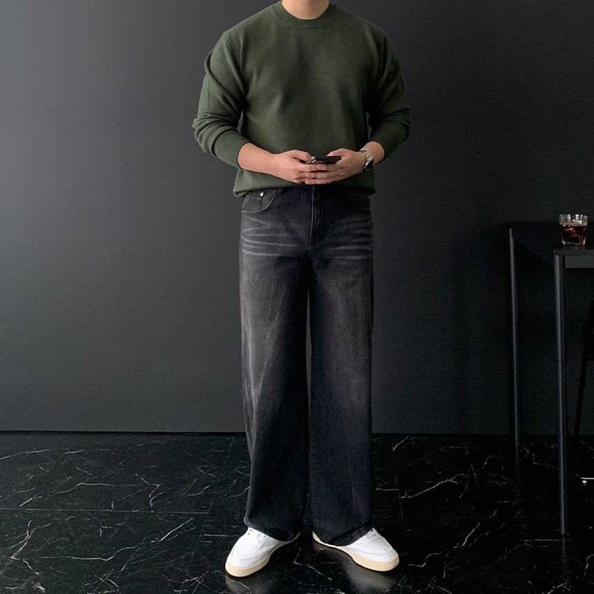 남자 세미 와이드 데님 팬츠 블랙진 워싱 흑청 진청 청바지 - 상세 이미지 3