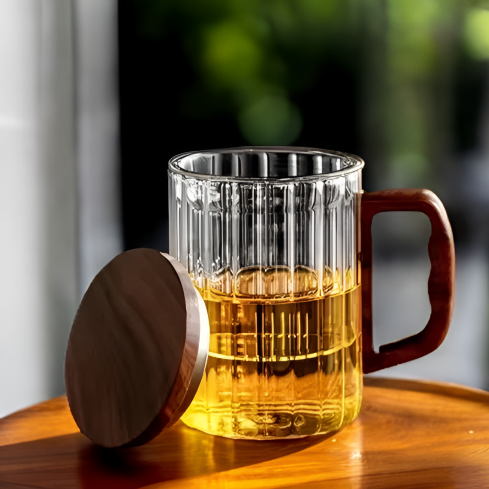 티머그 차우리는컵 차거름망 머그컵 내열유리 우드 뚜껑 밤부핸들 차그루