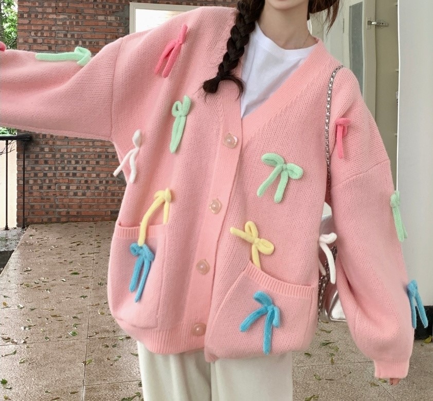 여자여자몰 군살가려 도톰원단 입체리본 컬러풀 여성니트가디건 오버사이즈 캐주얼긴팔가디건 - 상품 이미지