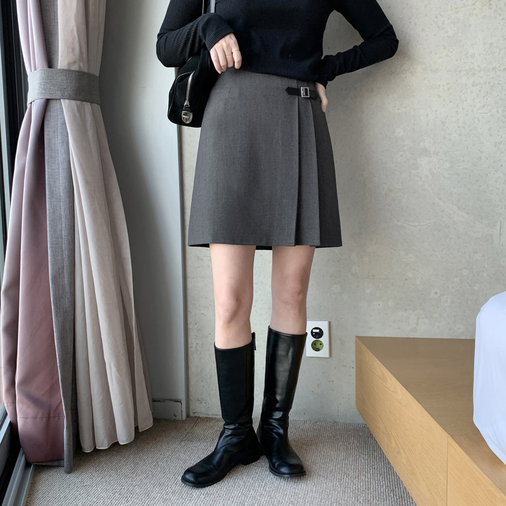벨트 비조 하이웨스트 여자 핀턱 미니 스커트 여성 겨울치마 A라인 치마 블랙 그레이 - 상세 이미지 3