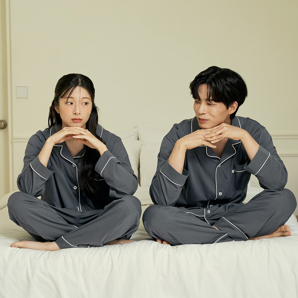 소프트 L차콜 긴팔 순면 빅사이즈 커플 잠옷 파자마 세트 - 상세 이미지 5