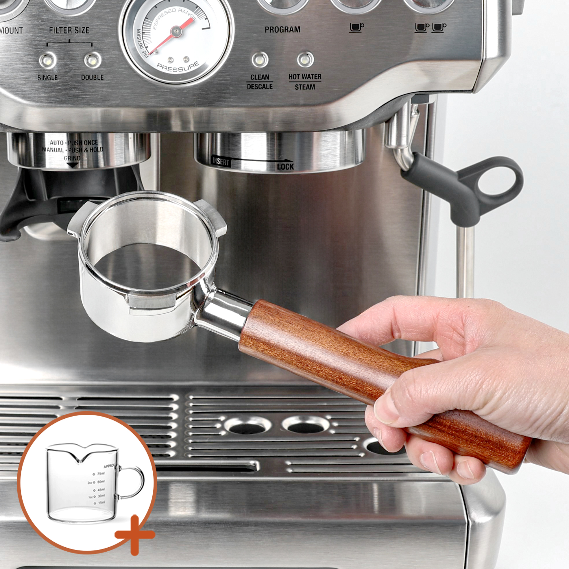 홈인홀 54mm 브레빌 커피머신 바텀리스 포터필터 밤비노 870 878 로즈우드 바스켓 미포함 제품 이미지