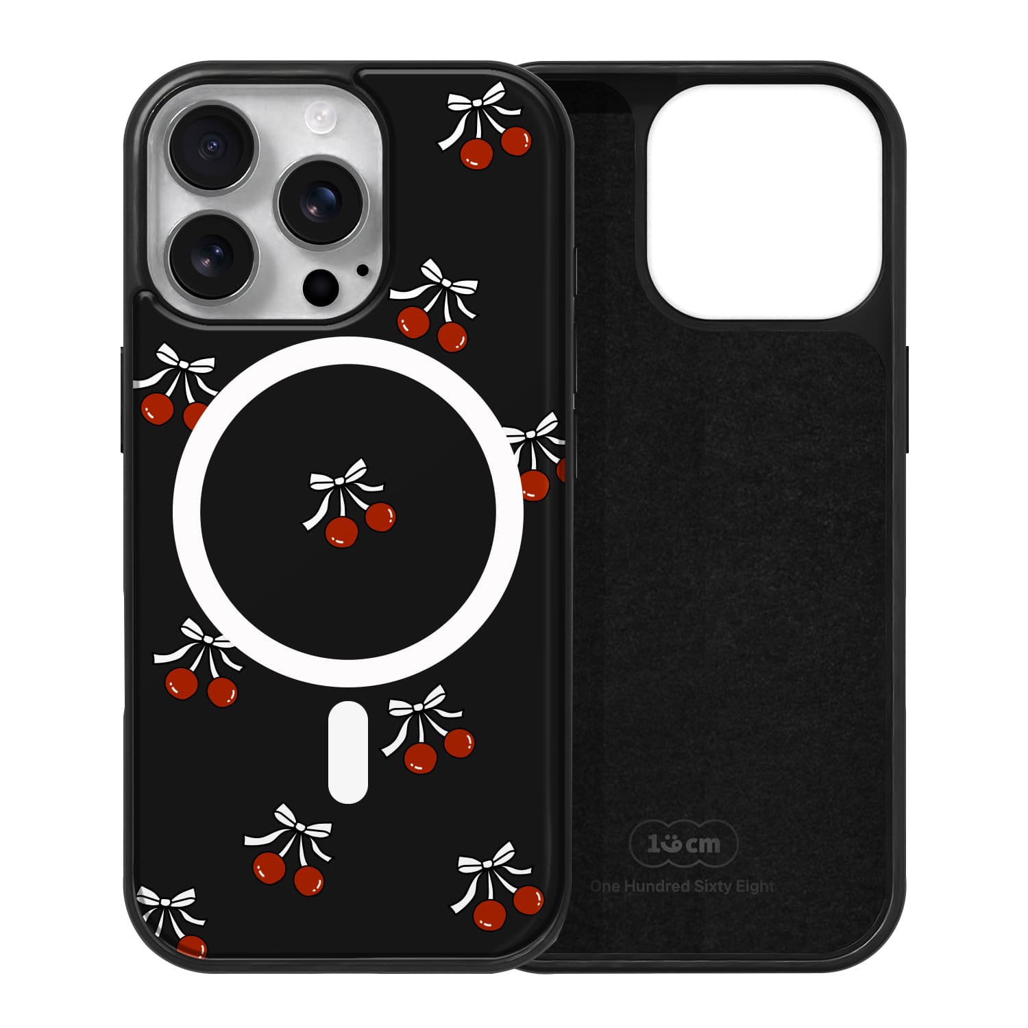 아이폰15 프로 맥세이프 케이스 하드 스웨이드 리본 체리 패턴 - 상품 이미지