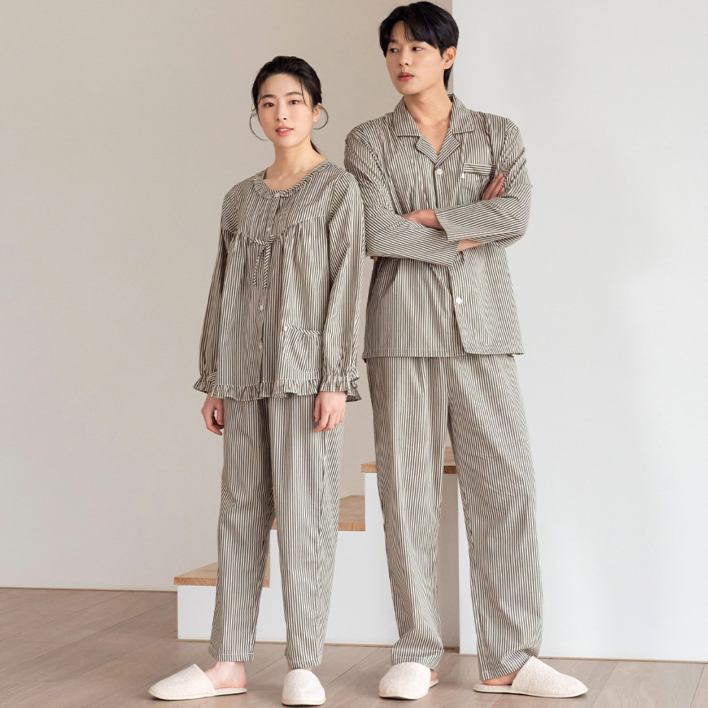 카키ST 긴팔 순면 빅사이즈 커플 잠옷 파자마 세트 이미지 3