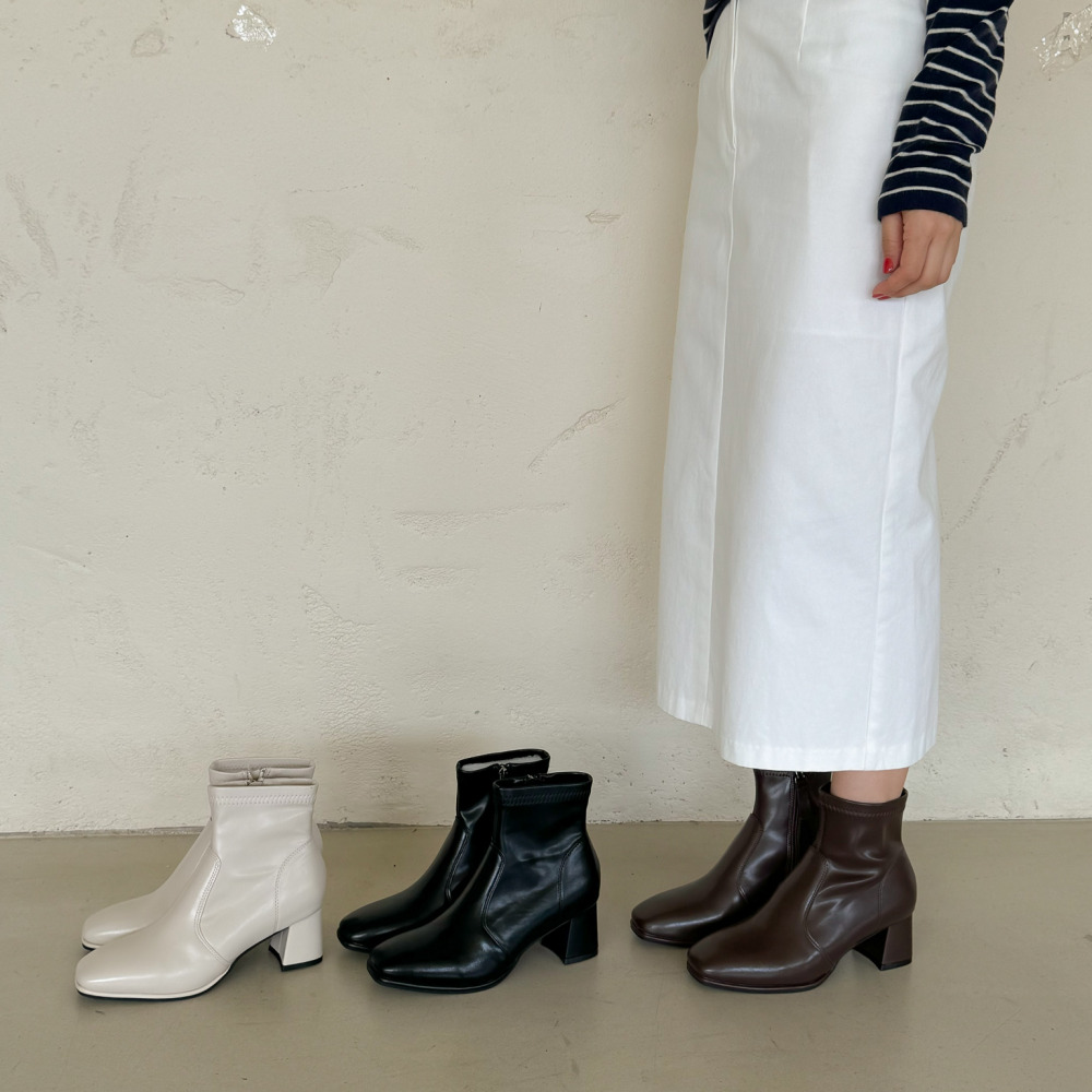 소울리 천연 소가죽 스판 앵클부츠 발편한 스퀘어 토 앵글 숏 부츠 6cm - 상세 이미지 2