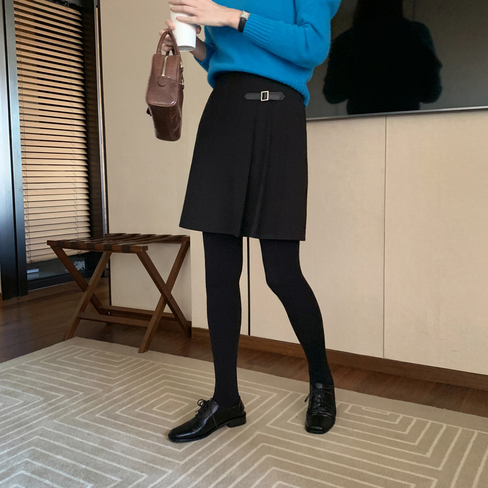 벨트 비조 하이웨스트 여자 핀턱 미니 스커트 여성 겨울치마 A라인 치마 블랙 그레이 - 상세 이미지 3
