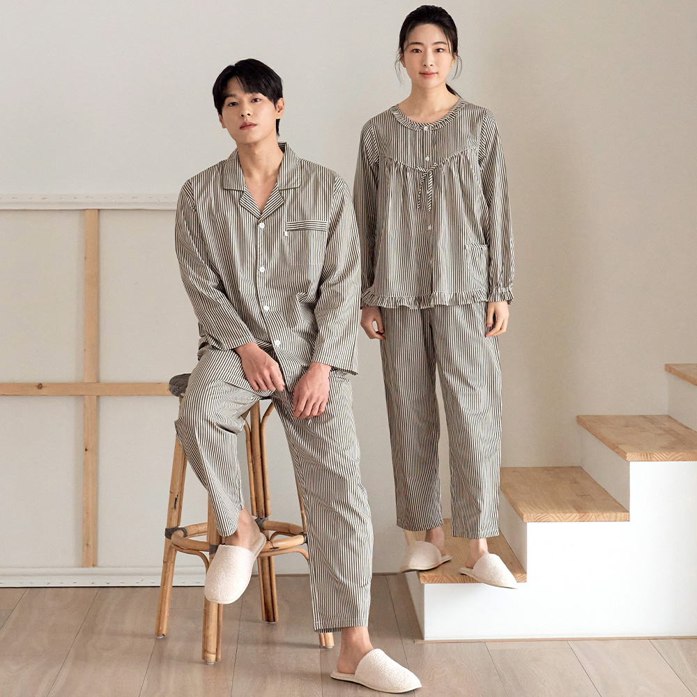 카키ST 긴팔 순면 빅사이즈 커플 잠옷 파자마 세트 이미지 4
