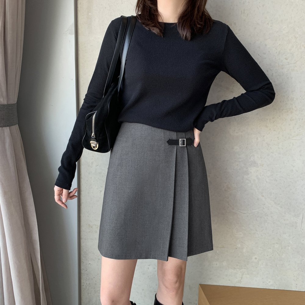 벨트 비조 하이웨스트 여자 핀턱 미니 스커트 여성 겨울치마 A라인 치마 블랙 그레이 이미지 7