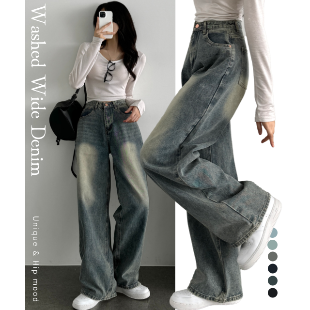 4계절 와이드 빈티지 워싱 데님 롱팬츠 기장선택 - 상세 이미지 3