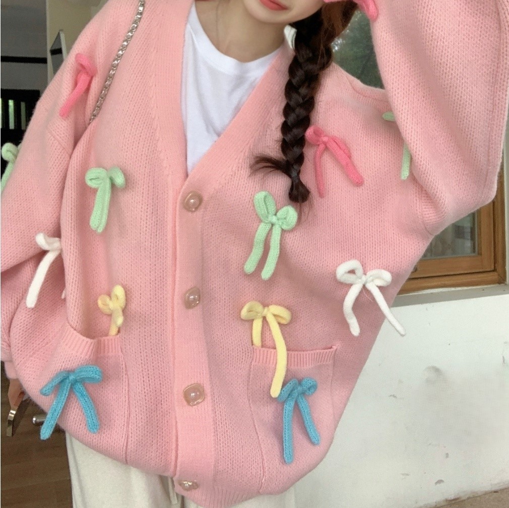 여자여자몰 군살가려 도톰원단 입체리본 컬러풀 여성니트가디건 오버사이즈 캐주얼긴팔가디건 - 상세 이미지 3