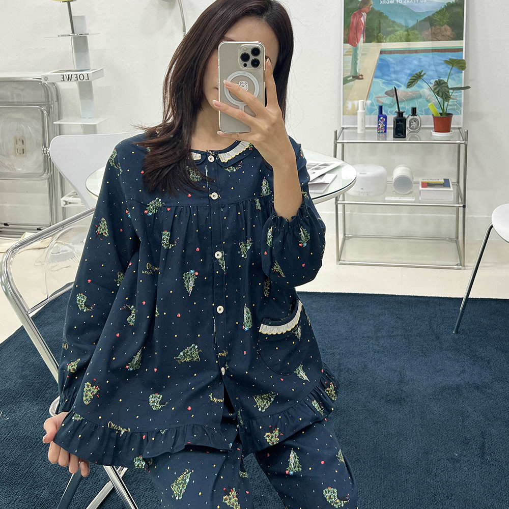 임산부 순면 잠옷 세트 긴팔 원피스 잠옷 수유 잠옷 이미지 2