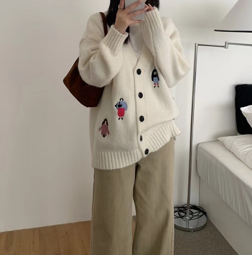 여자여자몰 엉덩이가려 오버핏 사람자수 램스울 니트긴팔가디건 루즈핏 커플가디건 - 상세 이미지 2