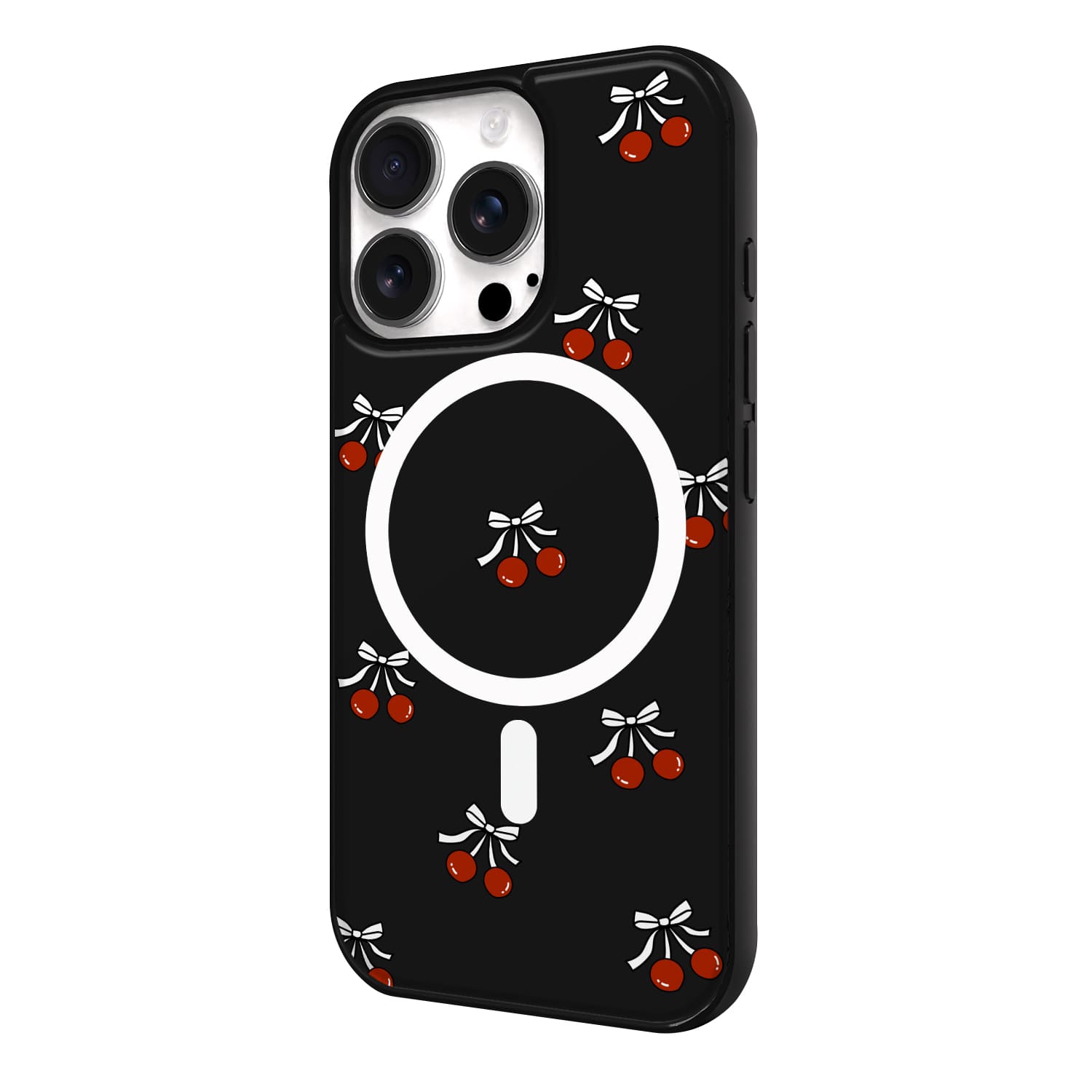 아이폰15 프로 맥세이프 케이스 하드 스웨이드 리본 체리 패턴 - 상세 이미지 3