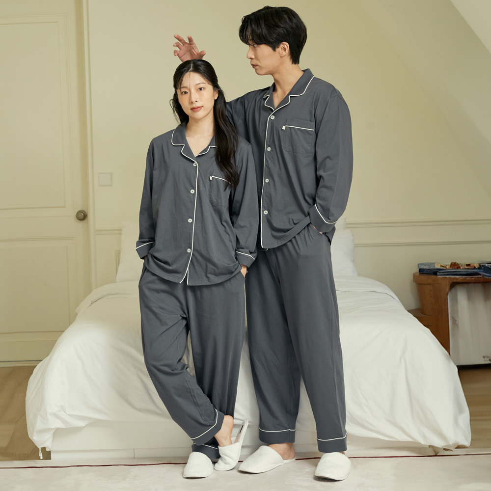 소프트 L차콜 긴팔 순면 빅사이즈 커플 잠옷 파자마 세트 - 상세 이미지 3