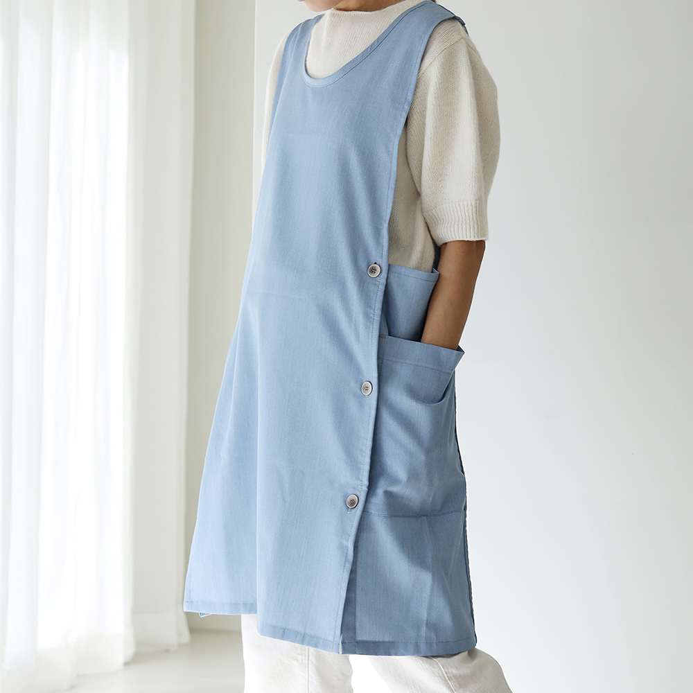 [미소쌤] 데님 앞치마 단추형 F 보육교사 원피스 빅사이즈 어린이집 유치원 카페 예쁜