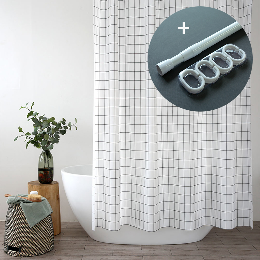 [커튼+봉+고리] 심플그리드 샤워커튼 올인원 세트 욕실커튼 화장실