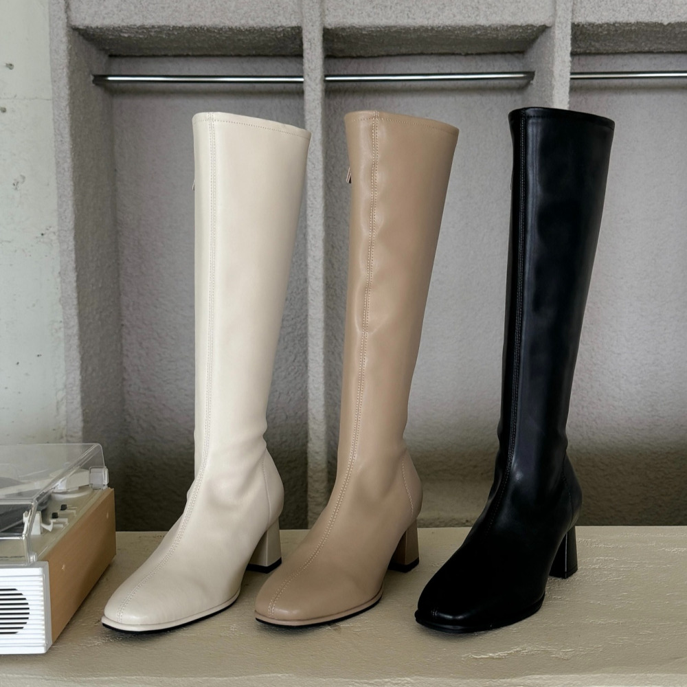 소울리 천연 소가죽 절개라인 롱부츠 발편한 통굽 여자 부츠 6cm - 상세 이미지 3