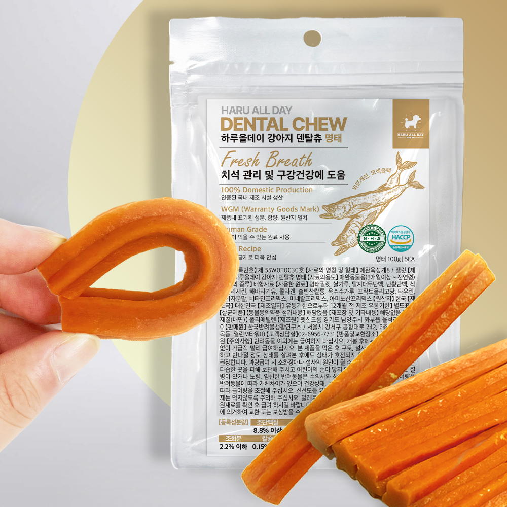 하루올데이 강아지 덴탈츄 반려견 양치 치석 입냄새 제거 덴탈 껌 치태 북어, 100g, 1개 - 상품 이미지