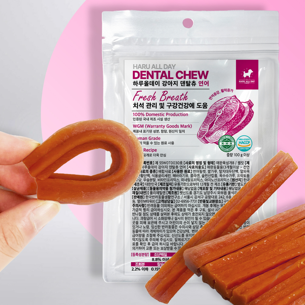 하루올데이 강아지 덴탈츄 반려견 양치 치석 입냄새 제거 덴탈 껌 치태 연어, 100g, 1개 - 상품 이미지
