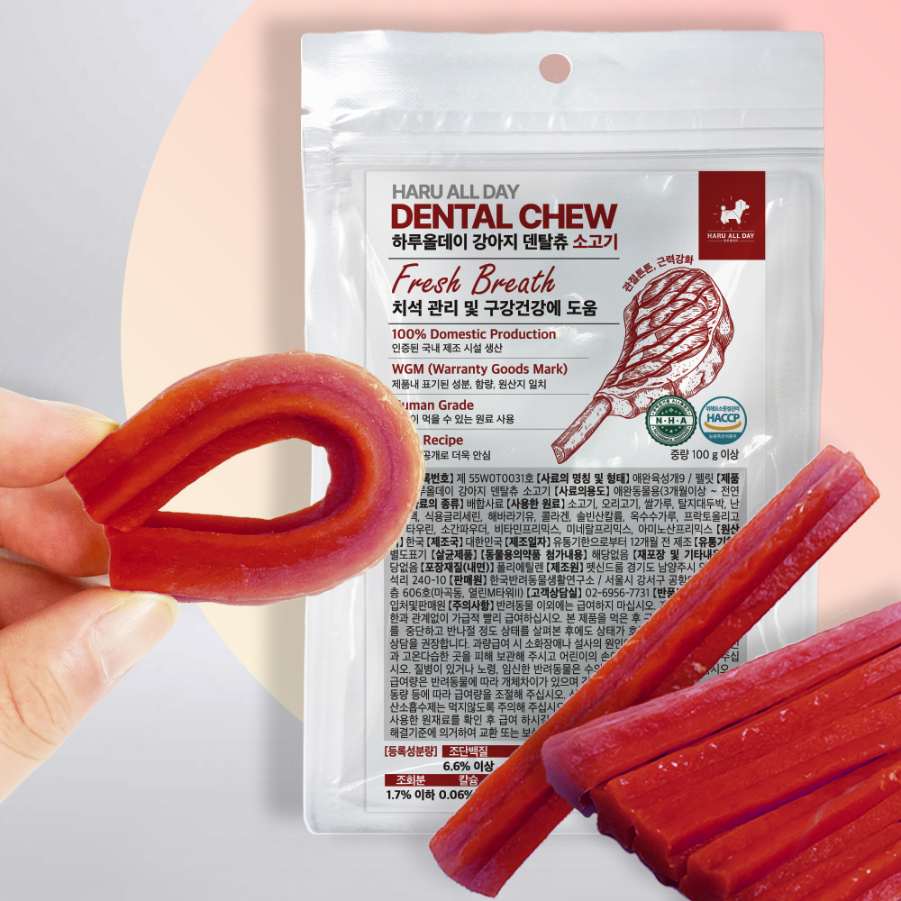 하루올데이 강아지 덴탈츄 반려견 양치 치석 입냄새 제거 덴탈 껌 치태 소고기, 100g, 1개 - 상품 이미지