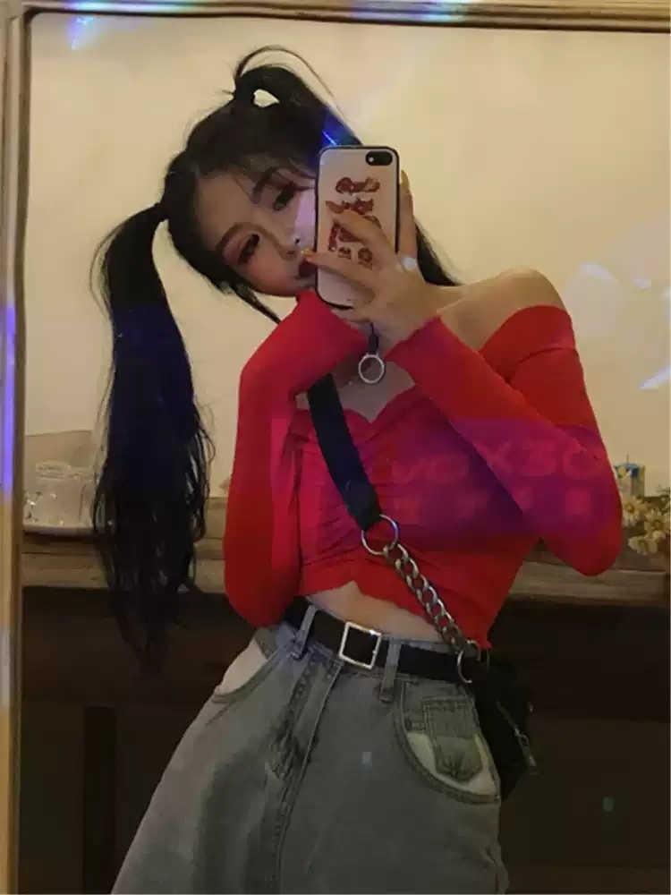 싱크로유 7화 에스파 카리나 티셔츠 긴소매 셔링 오프숄더 의상 옷 패션 - 상세 이미지 5