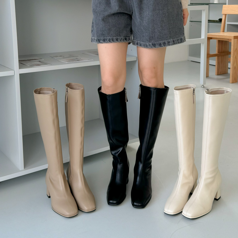 소울리 천연 소가죽 절개라인 롱부츠 발편한 통굽 여자 부츠 6cm - 상세 이미지 2
