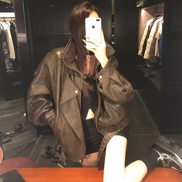 나비올라 여성 양가죽 자켓 오버핏 카라 라이더재킷 - 상품 이미지