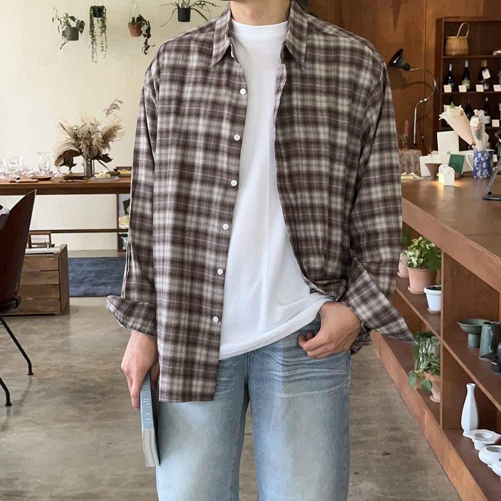 남자 체크셔츠 오버핏 모직 가을 겨울 남자 셔츠 - 상세 이미지 2