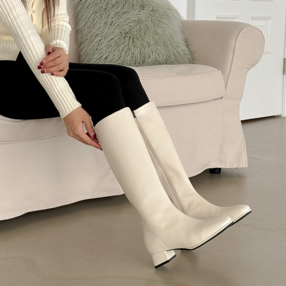 소울리 천연 소가죽 절개라인 롱부츠 발편한 통굽 여자 부츠 4cm 이미지 8
