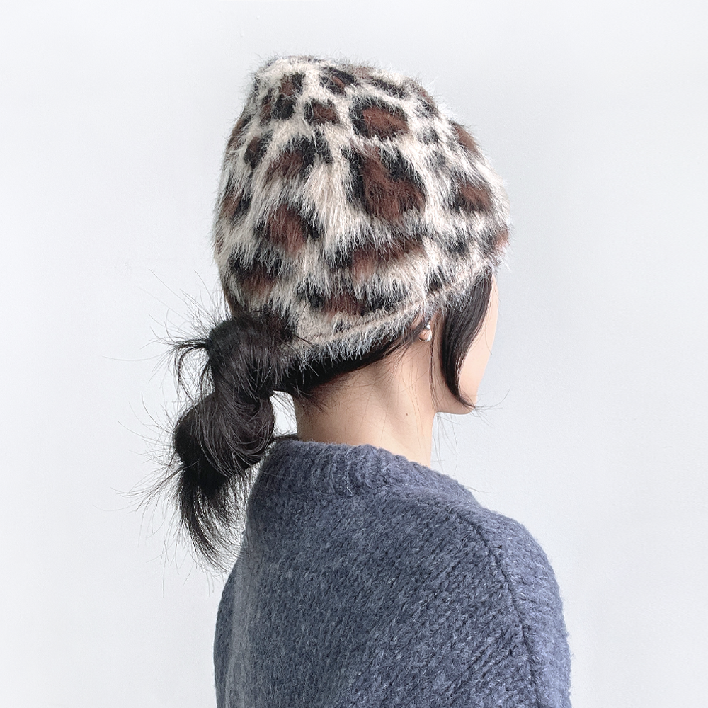 레오파드 호피 헤어리 털 방한 겨울 니트 와치캡 숏 비니