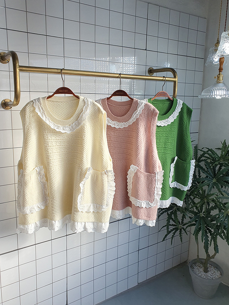 레이스 포켓 오버핏 니트 조끼 베스트