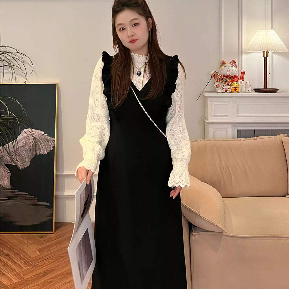 여성 트위드 하객룩 하이넥 레이어드 긴팔 원피스