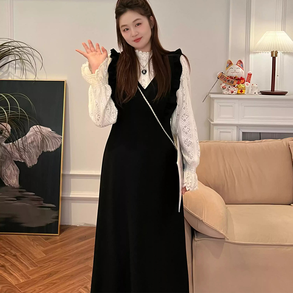 여성 트위드 하객룩 하이넥 레이어드 긴팔 원피스 - 상세 이미지 3