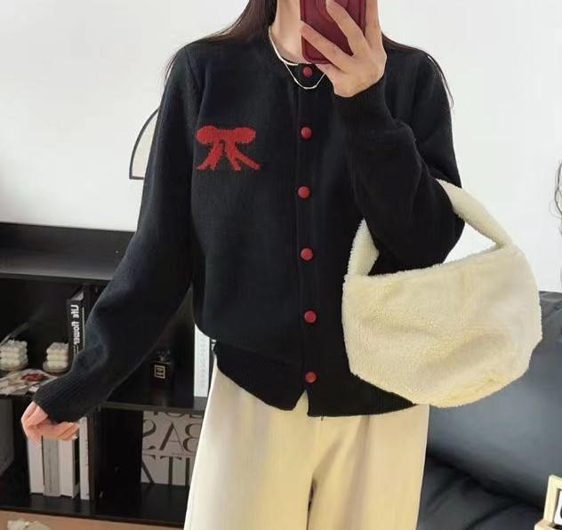 배색라인 리본 겨울이너 니트가디건 하운드체크 간절기 여성긴팔카디건 숏 투웨이집업 - 상세 이미지 3