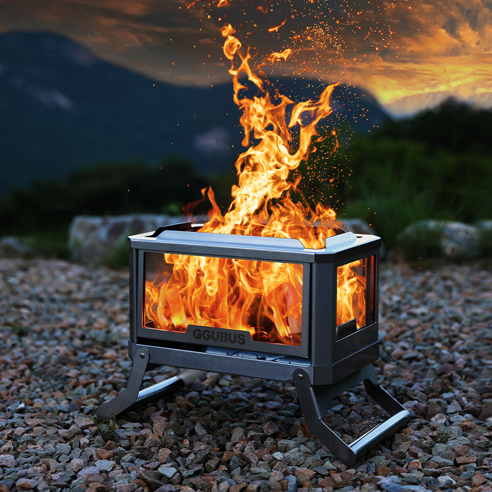 꾸버스 서라운드뷰 화로대 캠핑 불멍 접이식 스테인리스 4면 유리 야외 화로 바베큐그릴