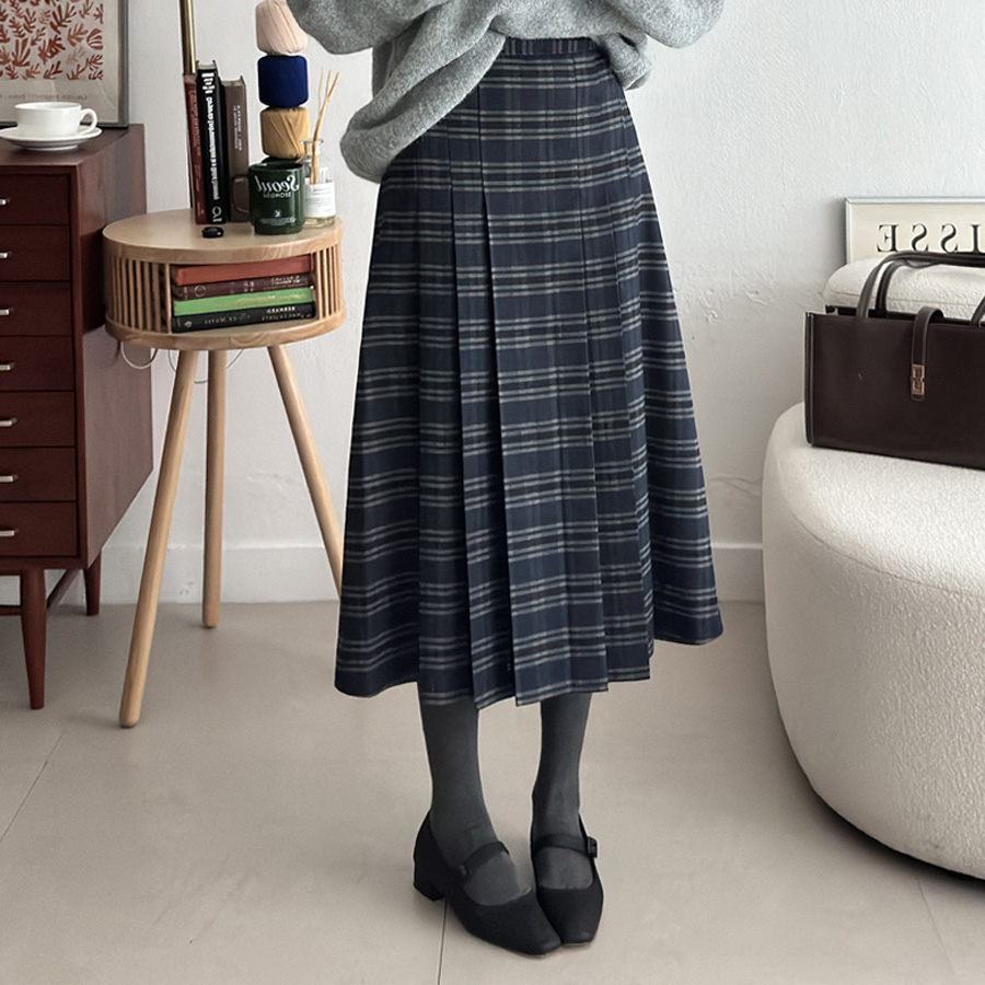 모직 체크 밴드 플리츠 롱스커트 (NAVY, 3 SIZE) 제품 이미지