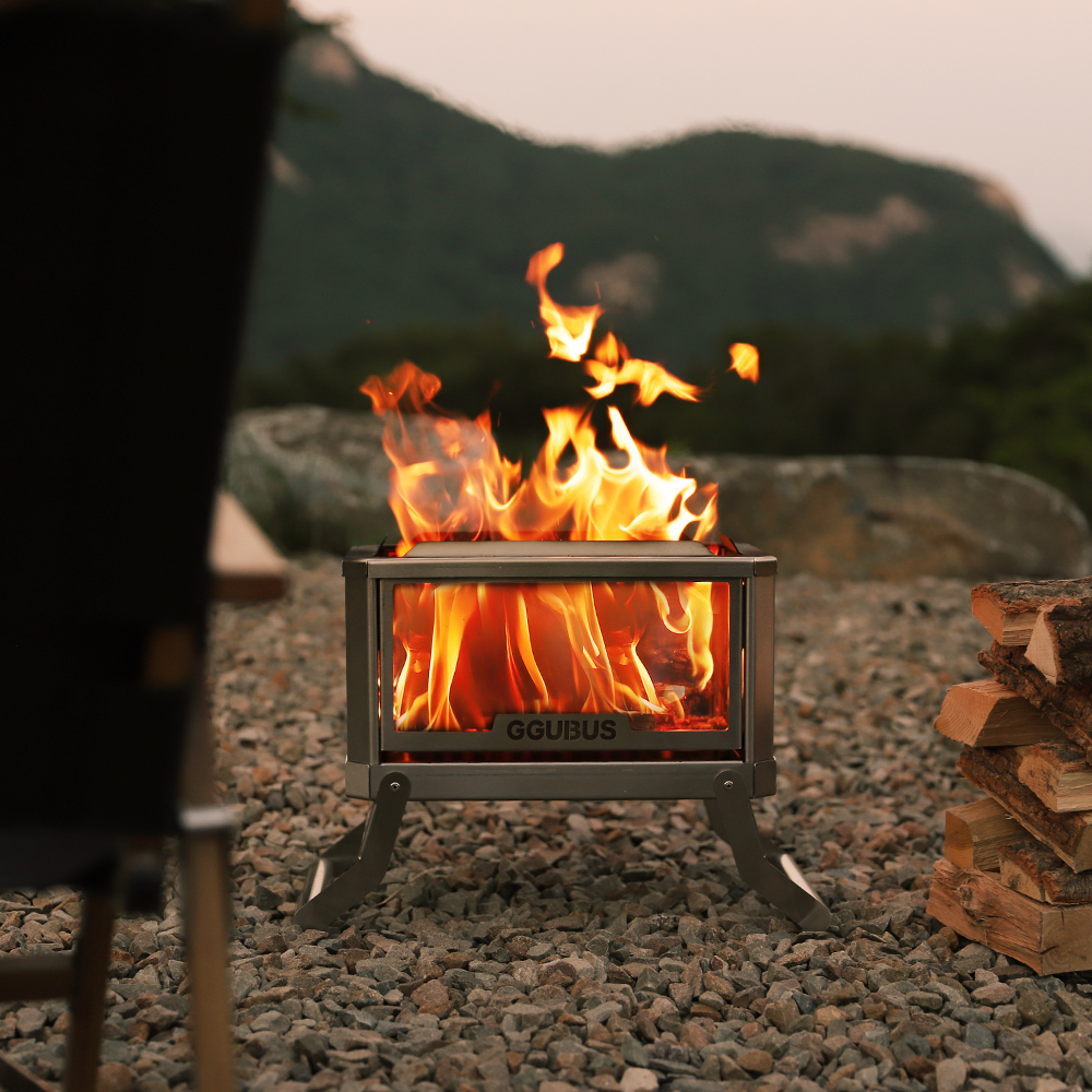 꾸버스 서라운드뷰 화로대 캠핑 불멍 접이식 스테인리스 4면 유리 야외 화로 바베큐그릴