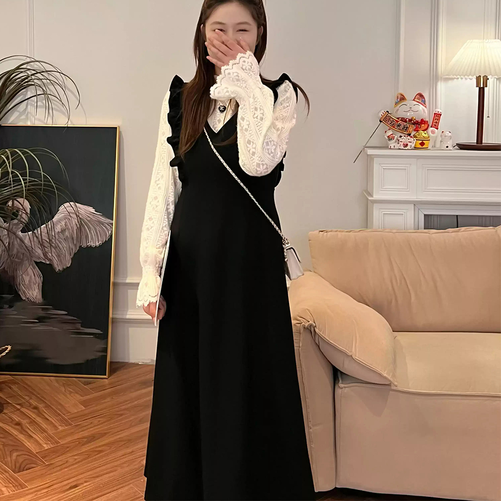 여성 트위드 하객룩 하이넥 레이어드 긴팔 원피스 - 상세 이미지 2