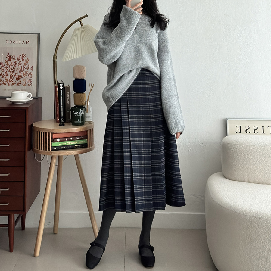 모직 체크 밴드 플리츠 롱스커트 (NAVY, 3 SIZE) - 상세 이미지 2