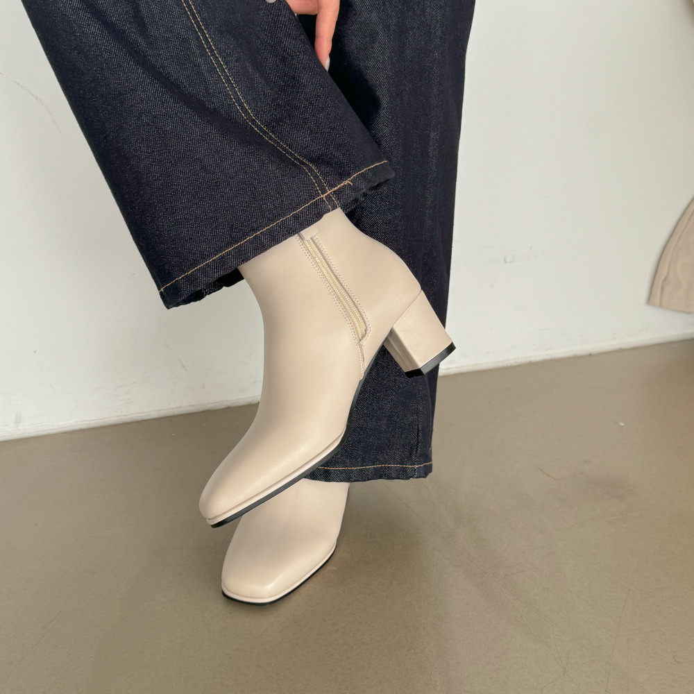 소울리 천연 소가죽 스퀘어 앵클부츠 통굽 여자 앵글 숏 부츠 6cm - 상세 이미지 5
